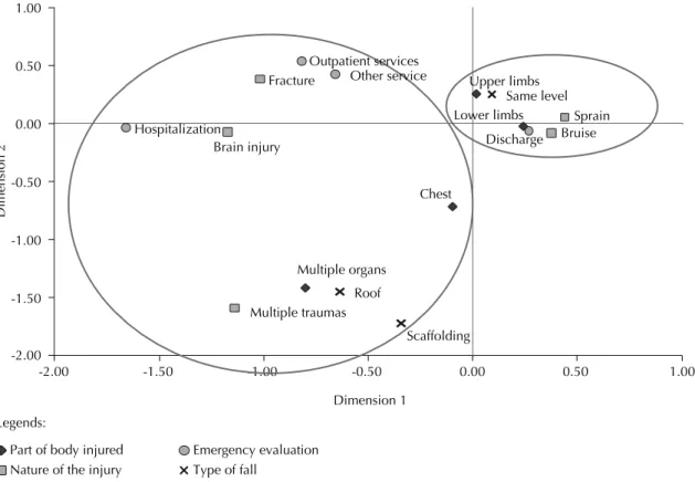 Figure 1. Bi-plot graph of the demographic characteristics for the types of non-intentional falls treated in emergency services