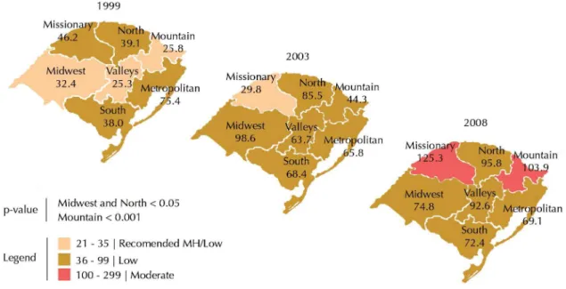 Figure 2. Spatial distribution of maternal mortality ratios in the state’s macro-regions