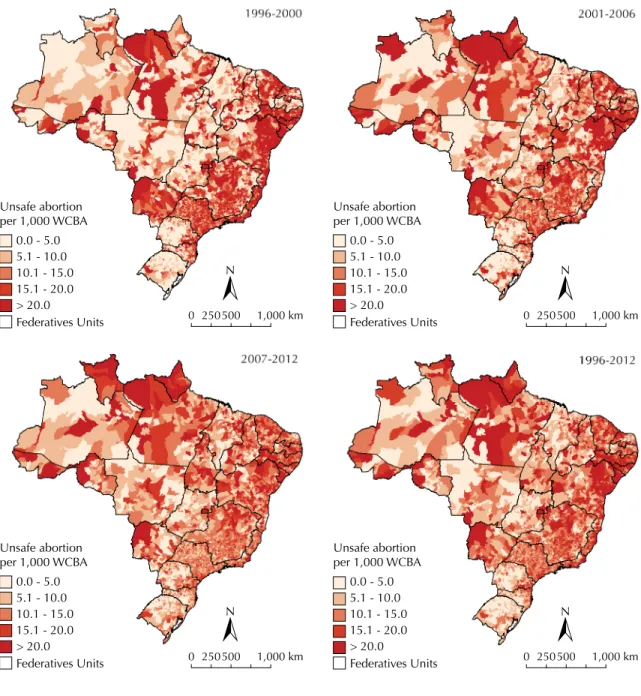 Figure 1. Spatial distribution of unsafe abortion rates per 1,000 women of childbearing age, by municipalities of residence