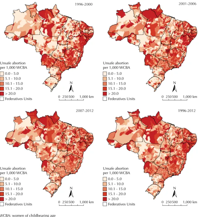 Figure 2. Spatial distribution of unsafe abortion rates per 1,000 women of childbearing age after smoothing by the Local  Empirical Bayesian method, by municipalities of residence
