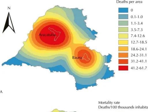 Figure 4. Kernel map showing the number of deaths from human visceral leishmaniasis per area (A); 