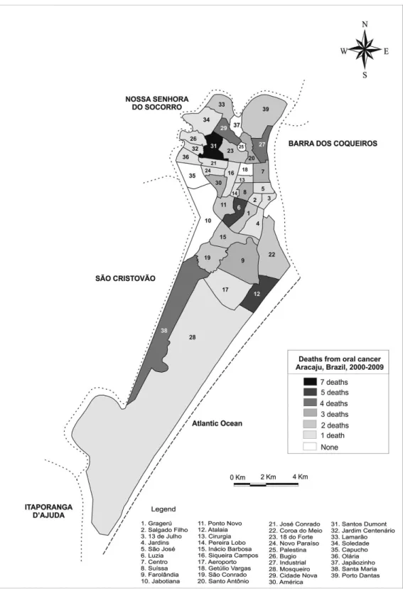 Figure 1. Spatial distribution of deaths from oral cancer in Aracaju/SE second neighborhoods, from 2000 to 2009.