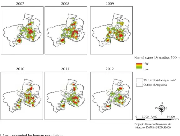 Figure 2. Kernel Map of cases of visceral leishmaniasis (VL) in the occupied areas of the territorial  analysis units I