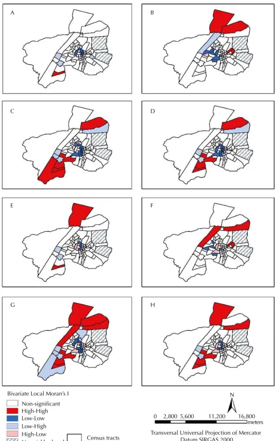 Figure 4. Maps of the index of correlation of Bivariate Local Moran’s I between the incidence of visceral  leishmaniasis and indicators of specific vulnerability (A, B, C, D, E, F, G) and composite vulnerability  index (D, H)