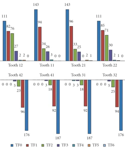Figure 2. Distribution of teeth according to the degree of luorosis. TF: hylstrup Fejerskov Index score.