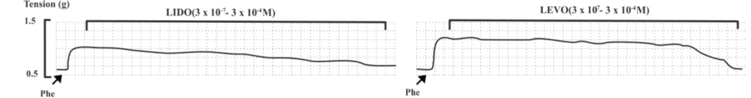 Figure 2. Concentration-response curves for LIDO (3 x 10 –7 -3 x 10 –4  M; n = 9) and LEVO (3 x 10 –7 -3 x 10 –4  M; n = 4) on the basal tone of  isolated rings of the rat superior mesenteric artery with functional endothelium (A) and in isolated rings of 