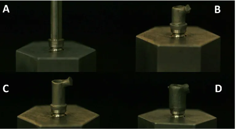 Figure 2. Components attached to the hexagonal platform in stainless steel. From let to right and top to bottom: (A) U-Ti Group - usinated in  titanium; (B) F-NiCrTi Group - fused in nickel-chromium-titanium-molybdenum; (C) F-NiCr Group - fused in nickel-c