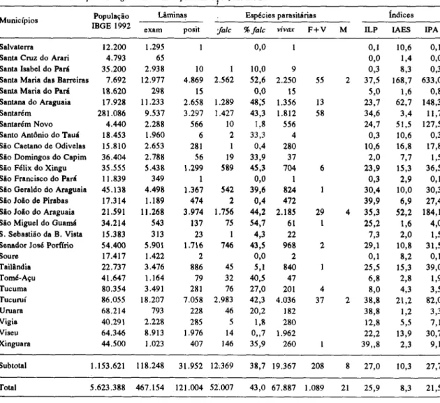 Tabela 6   -   Pará: dados epidemiológicos de malária por município, em 1992.