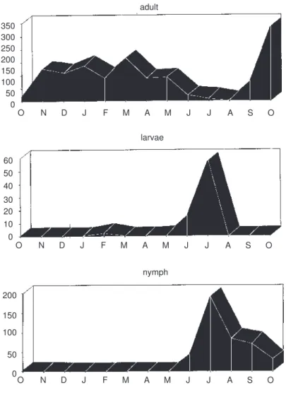 Figure 2 - Sea sona l distribution of A. cajennense collected from horses in a n endemic a rea  of Bra zilia n spotted fever, Pedreira , Sta te of Sã o Pa ulo, Bra zil (1993-1994)