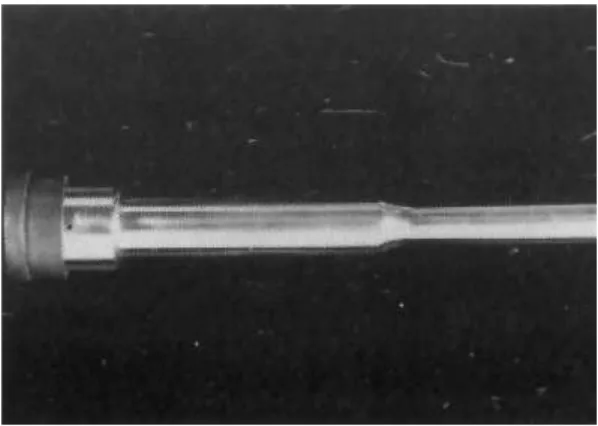 Figure 1 - Vim Silverman biopsy needle shown from above: protective glass tube for needle; needle and Bevel;