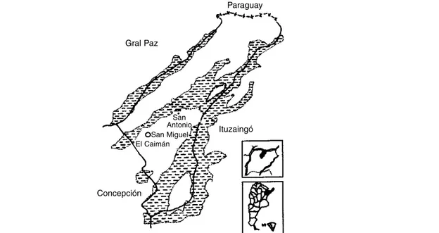 Figura 1 - Localización de las comunidades estudiadas. Departamento San Miguel, provincia de Corrientes, Argentina, 1993