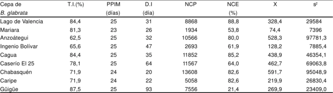 Tabla 1 - Tasa de infección (T.I.), duración del período pre-patente  intramolusco (PPIM) y de la infección (DI), número de  cercarias producidas al tercer día de iniciada la emisión  (NCP), porcentaje de B