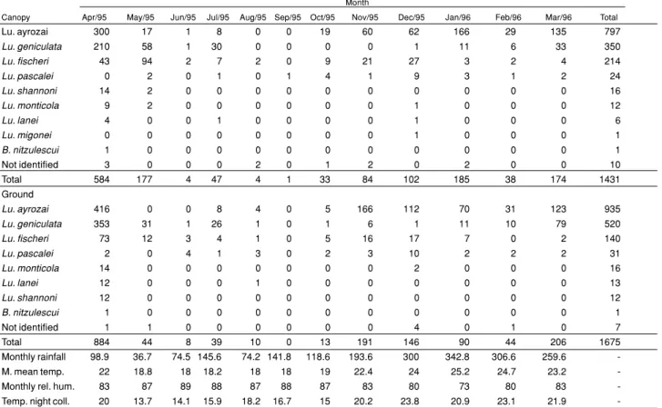 Table 1 - Numbers of phlebotomine sandflies collected by CDC-like light traps at Morretes, Paraná, at canopy and ground levels.