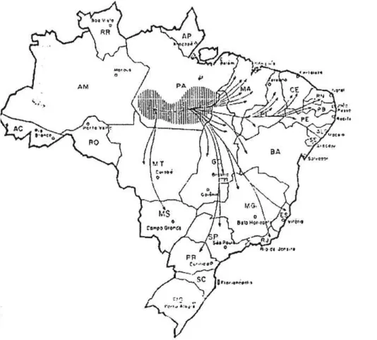 Figure 3 - Trace back diagram of malaria cases occurring in 1992 outside of Amazonia, data from da Souza JM