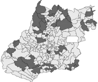 Figura 1 - Municípios com transmissão de LTA ou LVA em Goiás, entre as latitudes 13º 13’05”, e 18º 6’30” longitude 46º 21’22” e 50º53’8’’”.