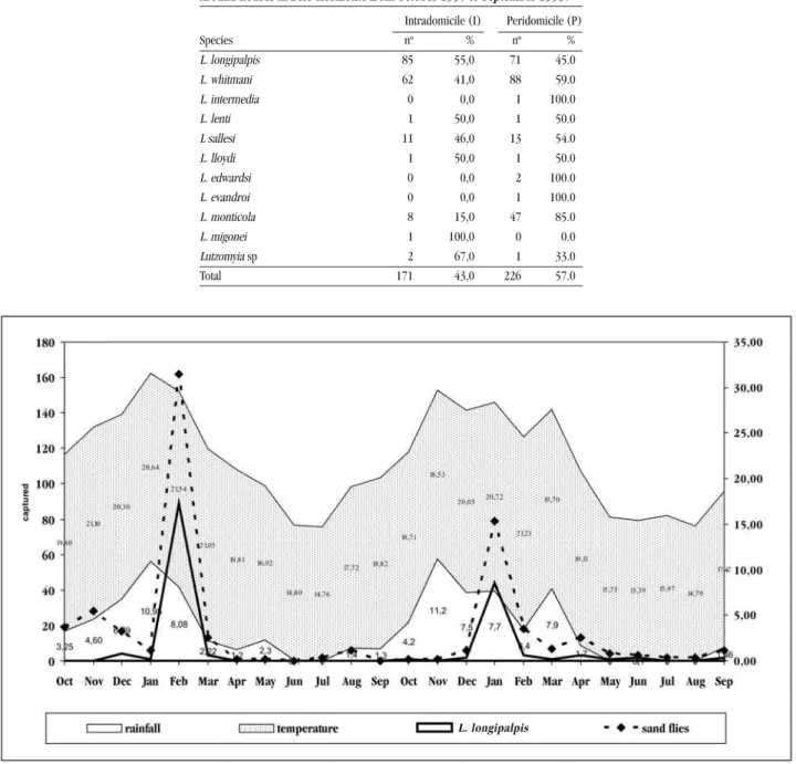 Figure 1 - Monthly distribution of phlebotomines in Belo Horizonte, together with mean monthly rainfall (mm) and minimum and maximum temperatures (ºC) from October 1997 to September 1999.