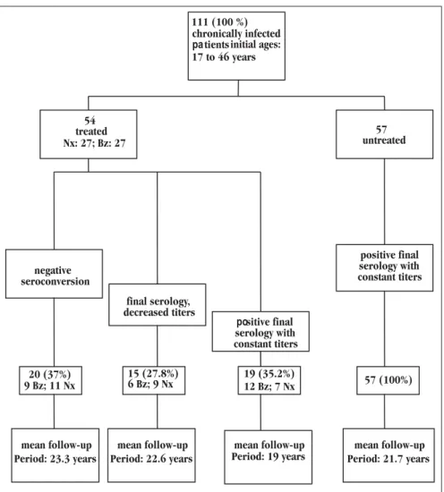 Figure 1 - Serological evolution of chronic chagasic infected patients, treated and untreated, during  an average 21 years follow-up period.