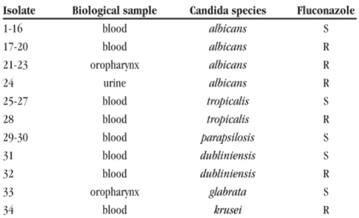 Table 1 - Characteristics of the 34 isolates analyzed by microbiological  methods, nested ITS-PCR and random amplified polymorphic DNA