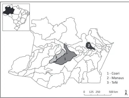 FIGURE 1 - Map of the State of Amazonas with emphasis on the three areas of study.