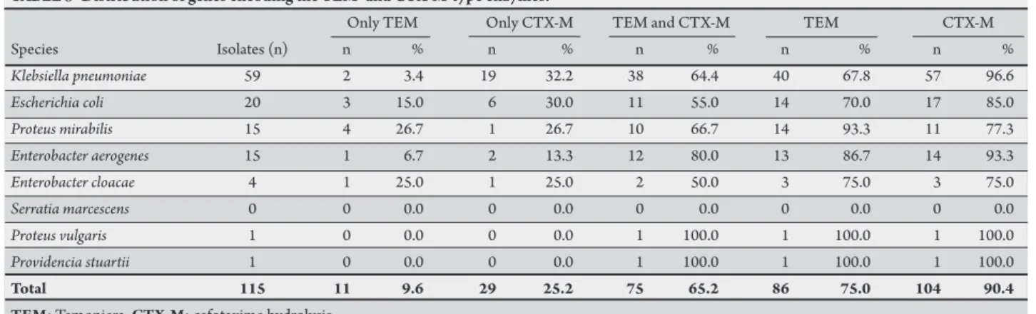 TABLE 3 -Distribution of genes encoding the TEM- and CTX-M-type enzymes.