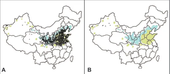 FIGURE 1 - Maps of China before (A) and ater (B) actions to control kala-azar in the 1950s