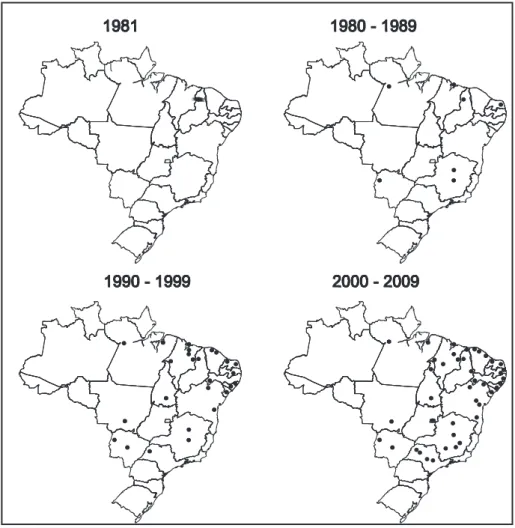 FIGURE 2 - Spread of urban kala-azar in Brazil. Dots indicate cities with more than 100,000 inhabitants with  more than ten cases of kala-azar in a year.
