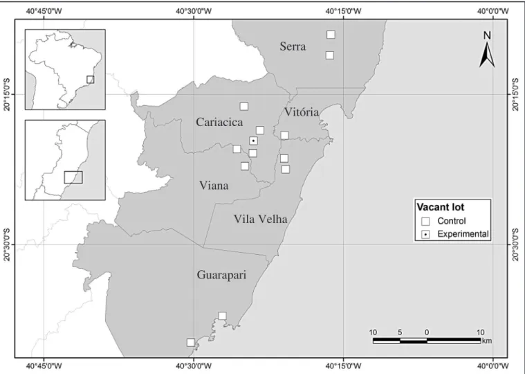 FIGURE 1 - Metropolitan region of Grande Vitória, with squares indicating the sampled vacant lots.