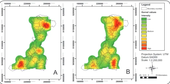FIGURE 4 - Spaial distribuion of prevalence (A) and infeccion intensity (B) for Schistosoma mansoni in Zona da Mata, Pernambuco, Brazil