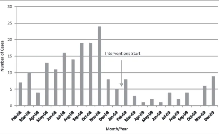 FIGURE 1 - Distribution of new cases of vancomycin-resistant enterococcal  colonization or infection in the University Hospital of Campinas State University,  during February 2008–January 2010.