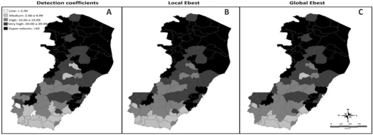 FIGURE 1 - Maps of the detection average coeicient for leprosy cases. Espírito Santo, Brazil, 2004-2009