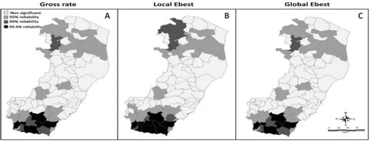 FIGURE 2 - Maps of Moran spatial correlation of cities in the State of Espírito Santo according to conglomerates of leprosy detection