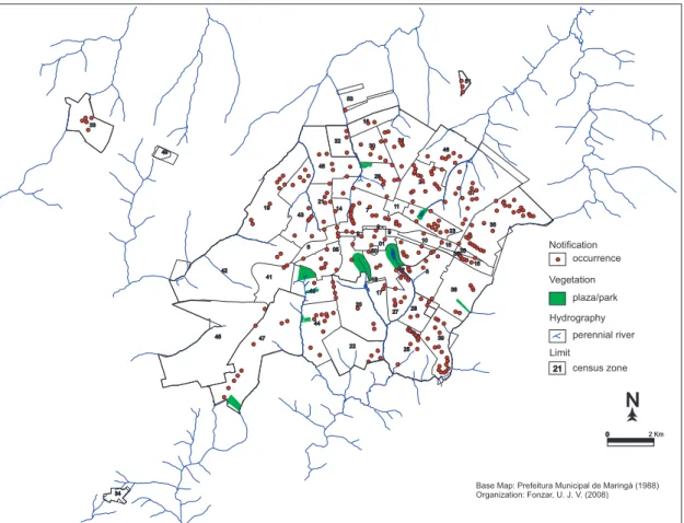 FIGURE 1 - Spatial distribution of the 335 stray dogs captured in the urban perimeter of Maringá, State of Paraná, Brazil, from 2006  to 2008