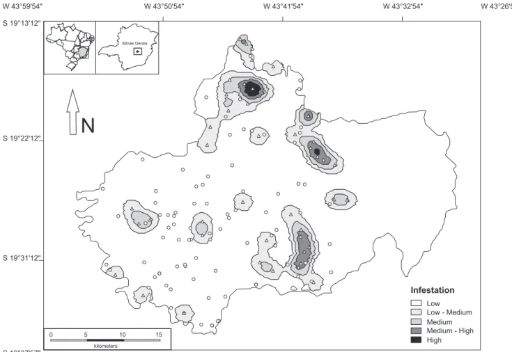 FIGURE 1 - Map of the Kernel distribution for localities infested (▲) by Panstrongylus megistus in Jaboticatubas, Brazil from 2007 to 2010