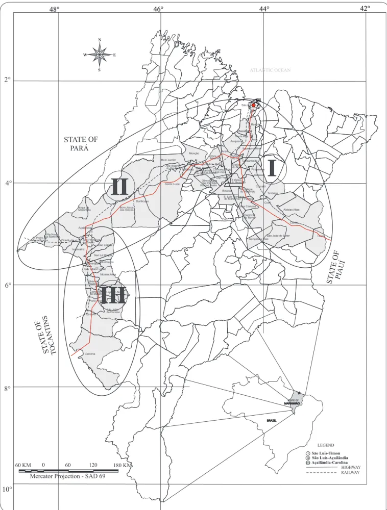 FIGURE 1 - Map of the State of Maranhão, Brazil, showing the studied counties located along the road and railway corridors, 2000-2009.