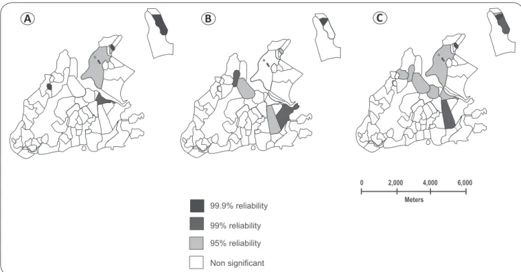 FIGURE 3 - Map of the Moran spatial correlation of the City of Vitória, State of Espírito Santo, Brazil, according to the detection of leprosy clusters, 2005 to  2009: A: raw coefﬁ cient; B: Adjusted coefﬁ cient using the Local Ebest method; C: adjusted co