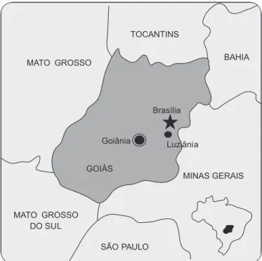 FIGURE 1 - Map of Brazil, highlighted the State of Goiás and the municipality of  Luziânia.