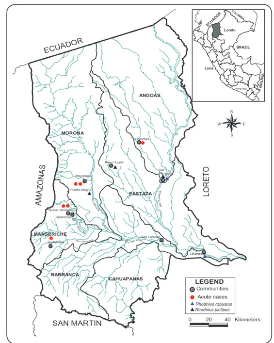 FIGURE 1 - Map of acute cases and geographic distribution of triatomines in Datem del Marañón province, Loreto, Peruvian Amazon.