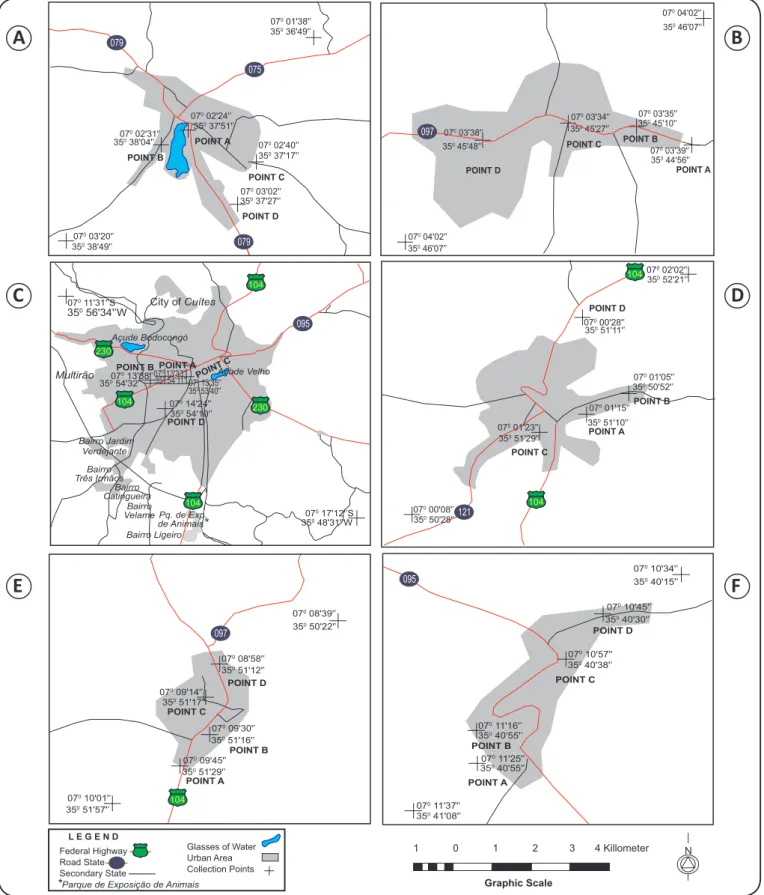FIGURE 1 - Map of sampling sites in the State of Paraíba: A) Alagoa Grande; B) Alagoa Nova; C) Campina Grande; D) Esperança; E) Lagoa Seca; F) Serra Redonda.