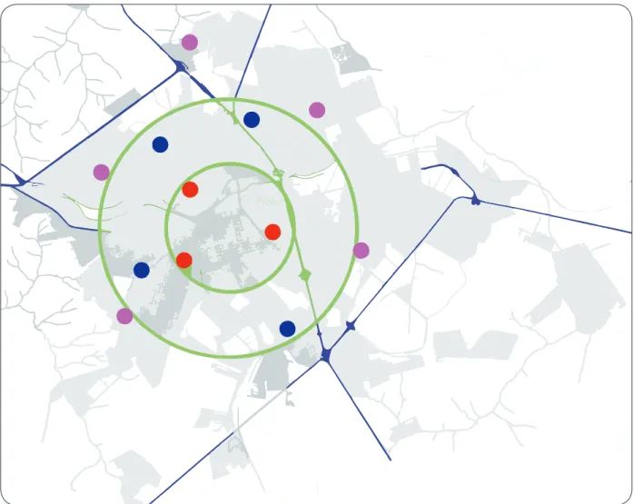 FIGURE 1 - Map of the City of Bauru, State of São Paulo, Brazil, showing the division of the three sectors by green circles, and the 12 randomly selected public schools.