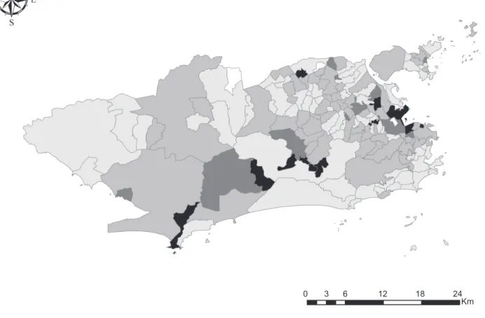 FIGURE 1 - Dengue fever incidence rate per district in Rio de Janeiro, Brazil in 2008.