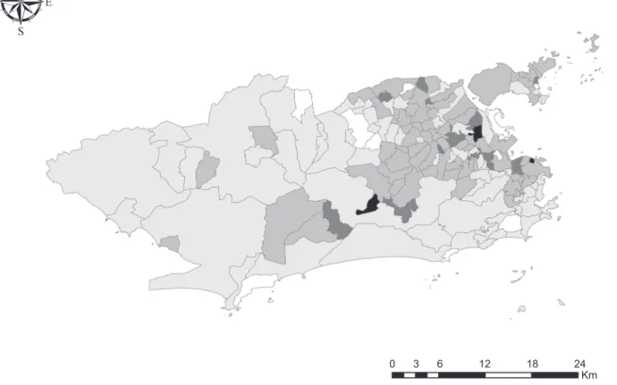 FIGURE 2 - Incidence rate of severe dengue per district in Rio de Janeiro, Brazil in 2008.
