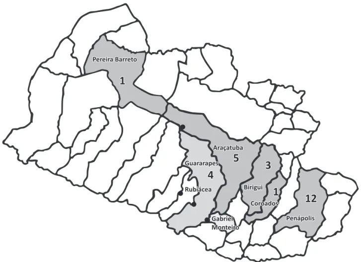 FIGURE 1 - A map of the Araçatuba region showing the counties in which only bat cases of rabies were diagnosed (dark grey), both  bat and bovine cases (medium grey) and only bovine cases (light grey)