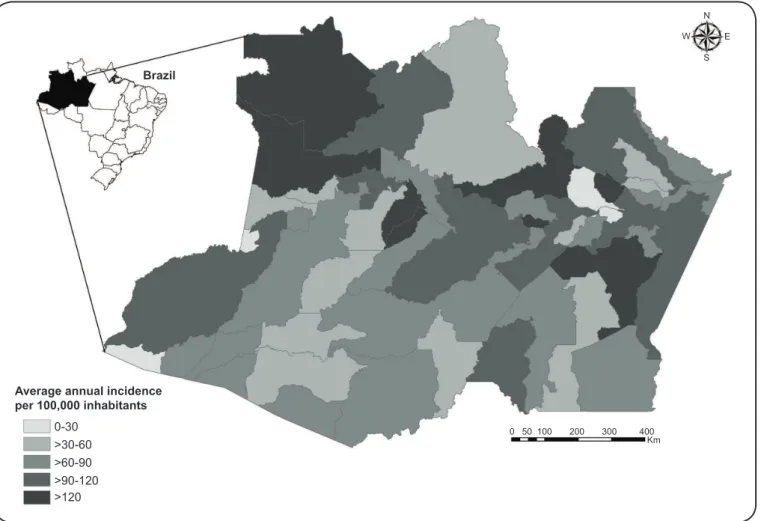 FIGURE 3 - Mean annual snakebite incidence by municipality in the State of Amazonas from 2007 to 2012.