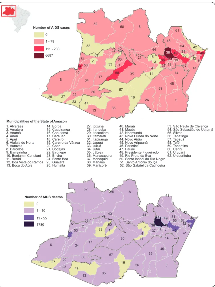 FIGURE 4 - AIDS cases and AIDS-related deaths by municipality, State of Amazonas, 2001-2012