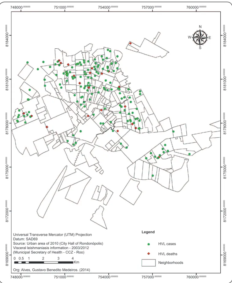 FIGURE  2  -  Spatial  distribution  of  georeferenced  points  of  conﬁ rmed  cases  of  human  visceral  leishmaniasis  that  were  cured  (green dots) or resulted in death (red crosses) located within the urban perimeter of the municipality of Rondonópo