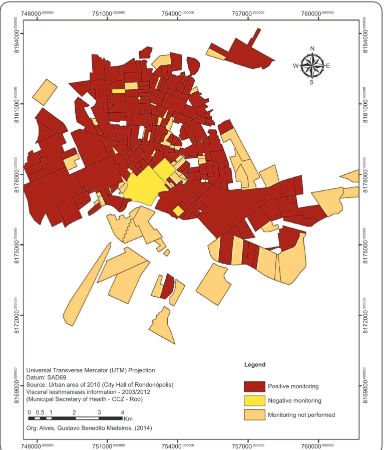 FIGURE 4 - Distribution of neighborhoods with positive identiﬁ cation of the main visceral leishmaniasis vectors within the urban  perimeter of the municipality of Rondonópolis, State of Mato Grosso, from January 2005 to December 2012