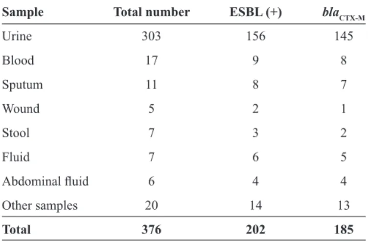 TABLE 1 - Distribution of bla CTX-M  genes in ESBL-positive  Escherichia coli isolated from hospital patients in Shiraz, Iran.