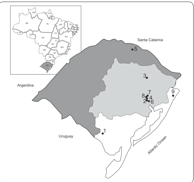 FIGURE 1 - Localities of Rio Grande do Sul showing recorded notiﬁ cations of schistosomiasis in the Information System for Notiﬁ able  Diseases (SINAN) database per hydrographic region