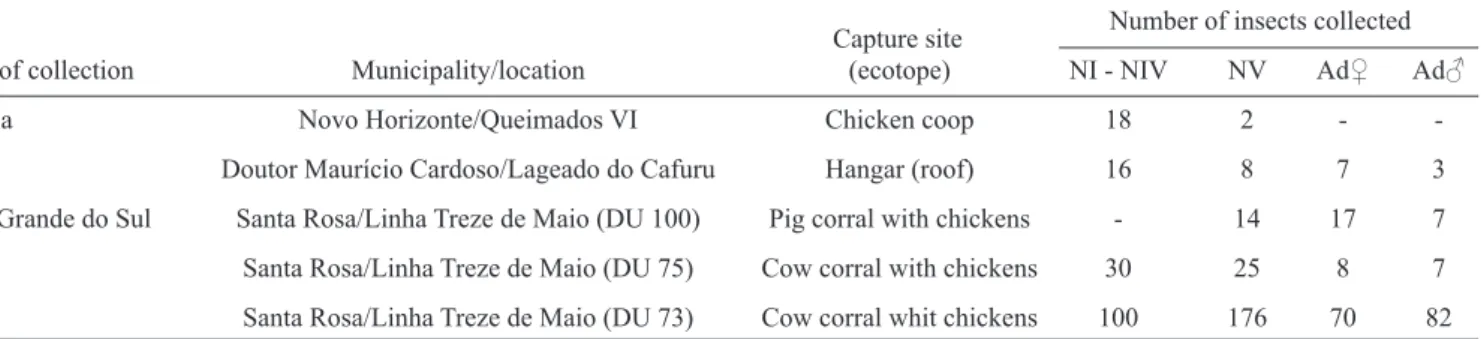 TABLE 1 - Samples of the peridomestic populations of Triatoma sordida, geographical origin, capture site (ecotope), and the number  of insects captured in each stage of development.