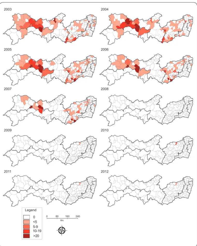 FIGURE 2 - Spatiotemporal distribution of acute Chagas disease rates in the State of Pernambuco from 2002 to 2013, adopting the  moving averages and municipalities as units of analysis.